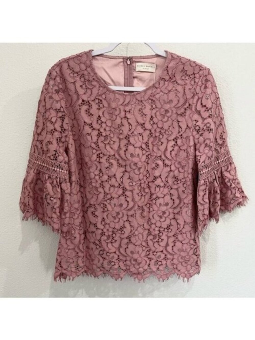 Rachel Parcell Coquette Feminine Lace Top Dusty Pink Boho Preppy Short Sleeve